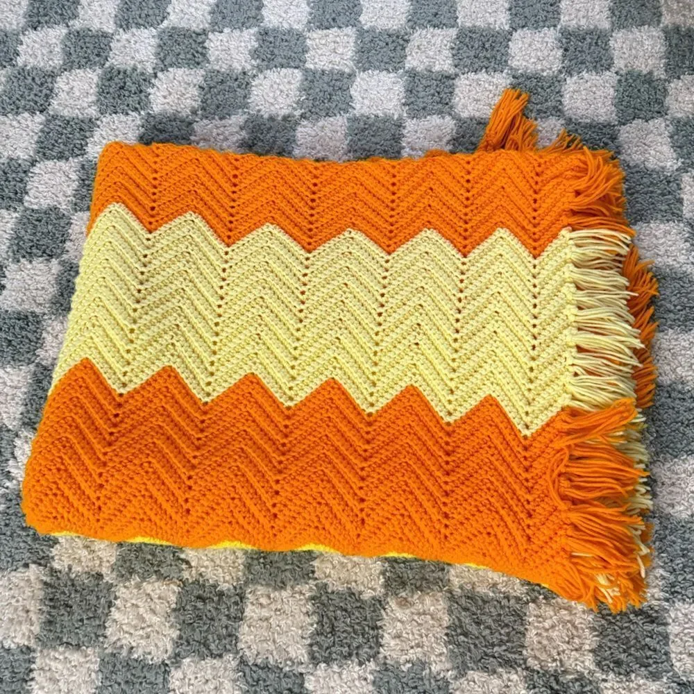 VTG Crochet Afghan Chevron Handmade Sunshine Retro Boho Fringe Orange Yellow L